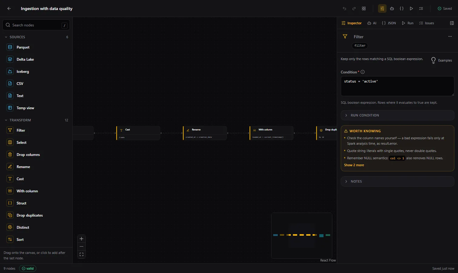 The canvas edits the contract; the inspector explains the node it has selected