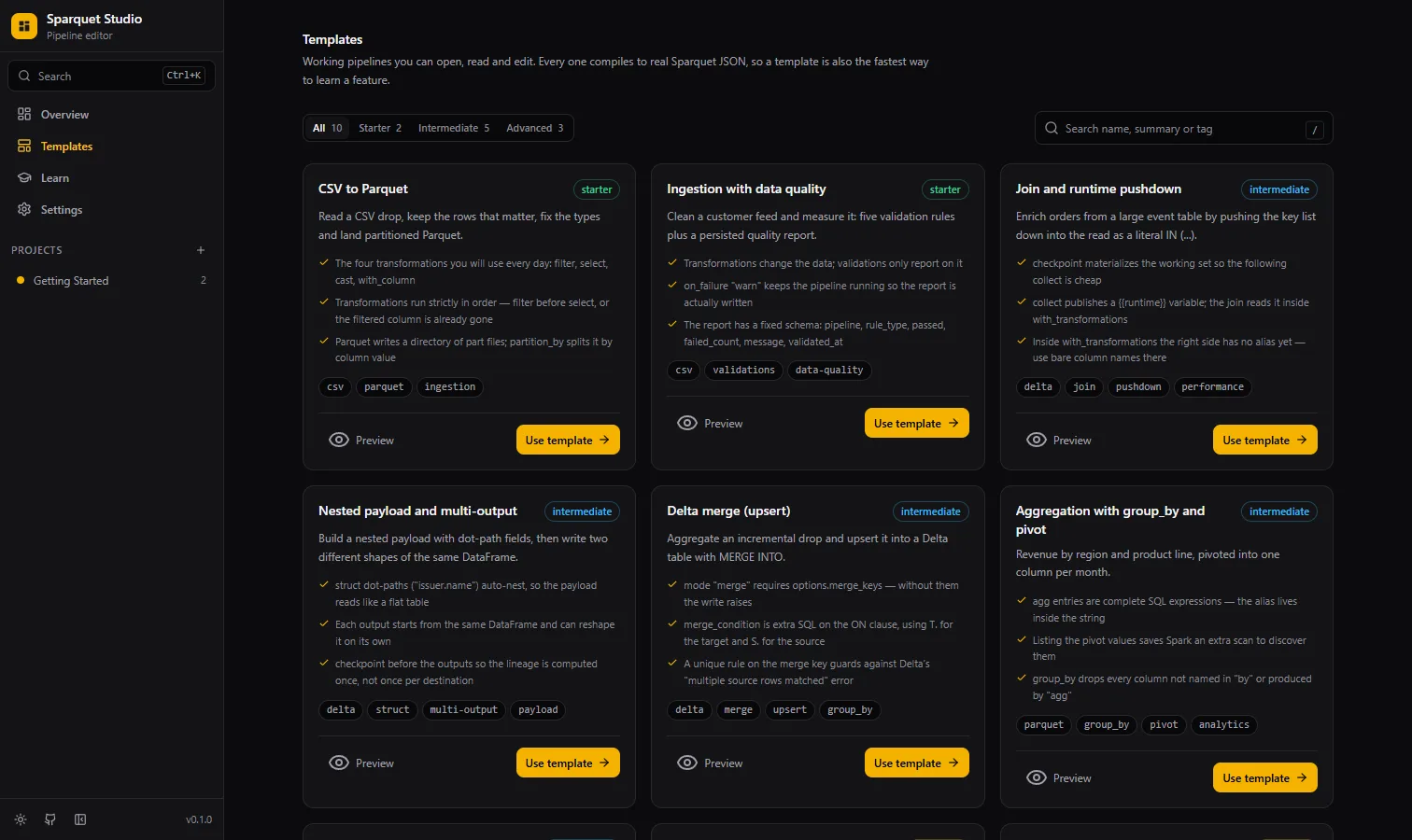 Sparquet Studio: every template is a pipeline that runs, and compiles to that same JSON